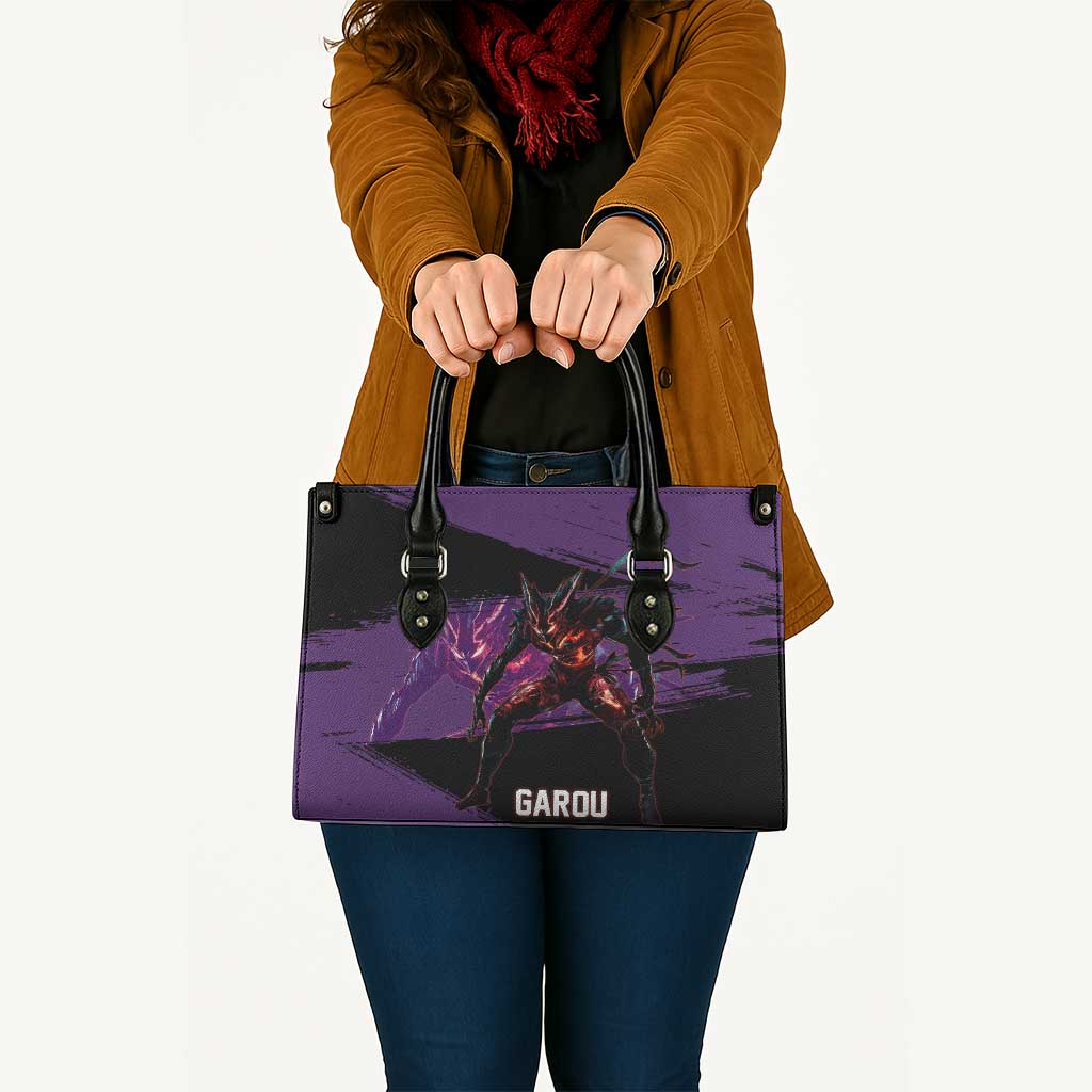 Garou One Punch Man Anime Purple and Black Theme Leather Bag with Hero and Monster Forms in Dynamic Battle Pose - The Mazicc