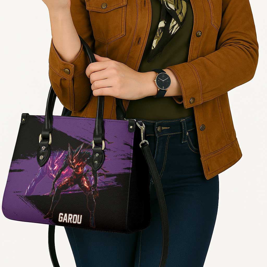 Garou One Punch Man Anime Purple and Black Theme Leather Bag with Hero and Monster Forms in Dynamic Battle Pose - The Mazicc