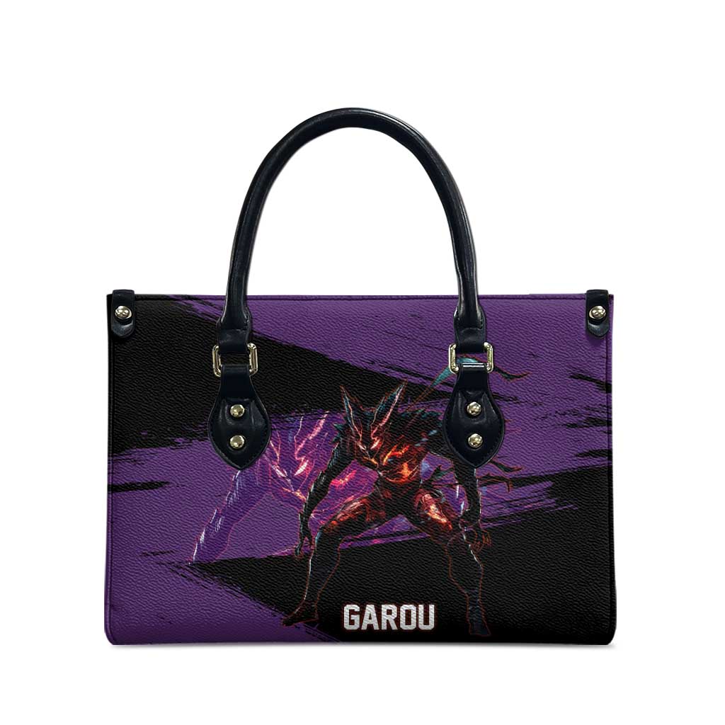 Garou One Punch Man Anime Purple and Black Theme Leather Bag with Hero and Monster Forms in Dynamic Battle Pose - The Mazicc