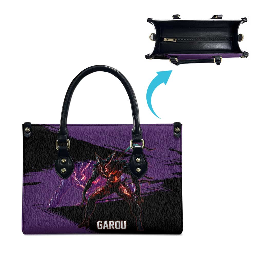 Garou One Punch Man Anime Purple and Black Theme Leather Bag with Hero and Monster Forms in Dynamic Battle Pose - The Mazicc