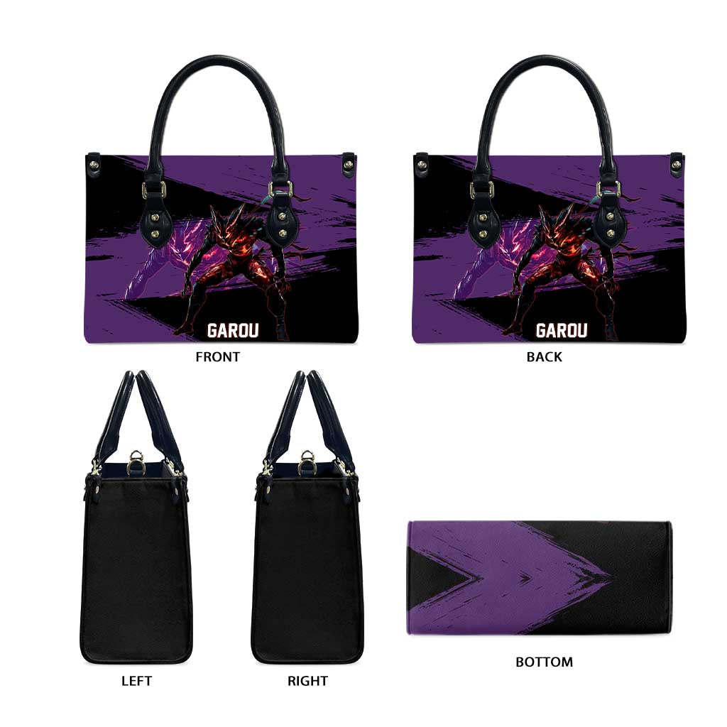 Garou One Punch Man Anime Purple and Black Theme Leather Bag with Hero and Monster Forms in Dynamic Battle Pose - The Mazicc