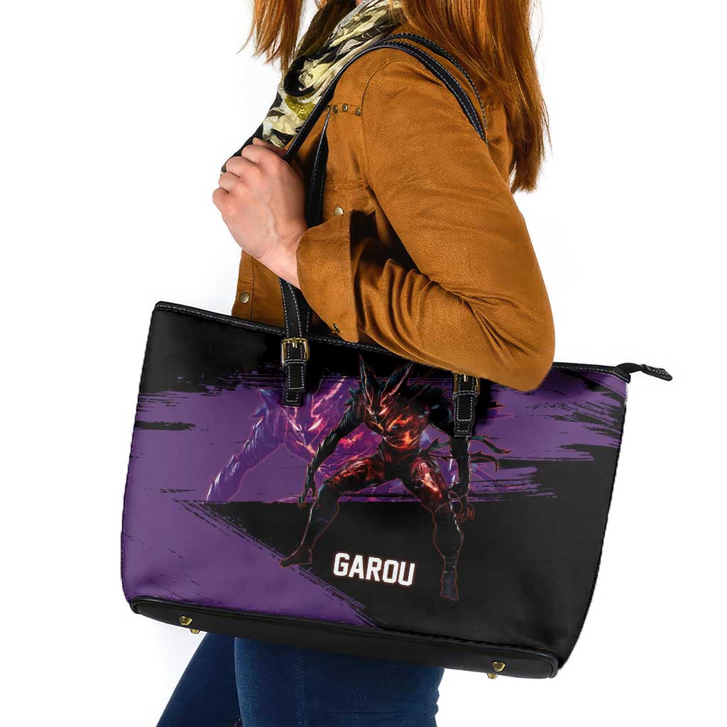 Garou One Punch Man Anime Purple and Black Theme Leather Tote Bag with Hero and Monster Forms in Dynamic Battle Pose - The Mazicc