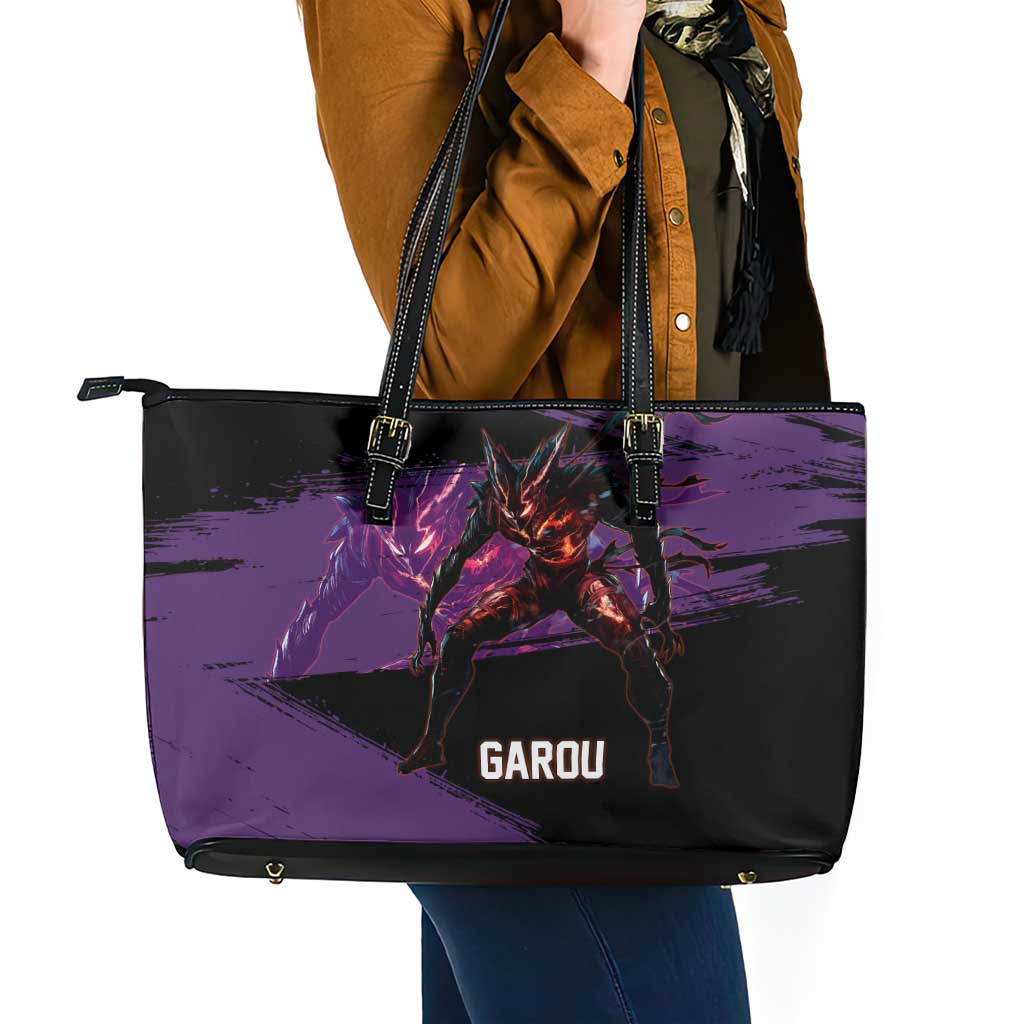 Garou One Punch Man Anime Purple and Black Theme Leather Tote Bag with Hero and Monster Forms in Dynamic Battle Pose - The Mazicc