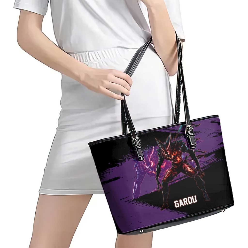 Garou One Punch Man Anime Purple and Black Theme Leather Tote Bag with Hero and Monster Forms in Dynamic Battle Pose - The Mazicc