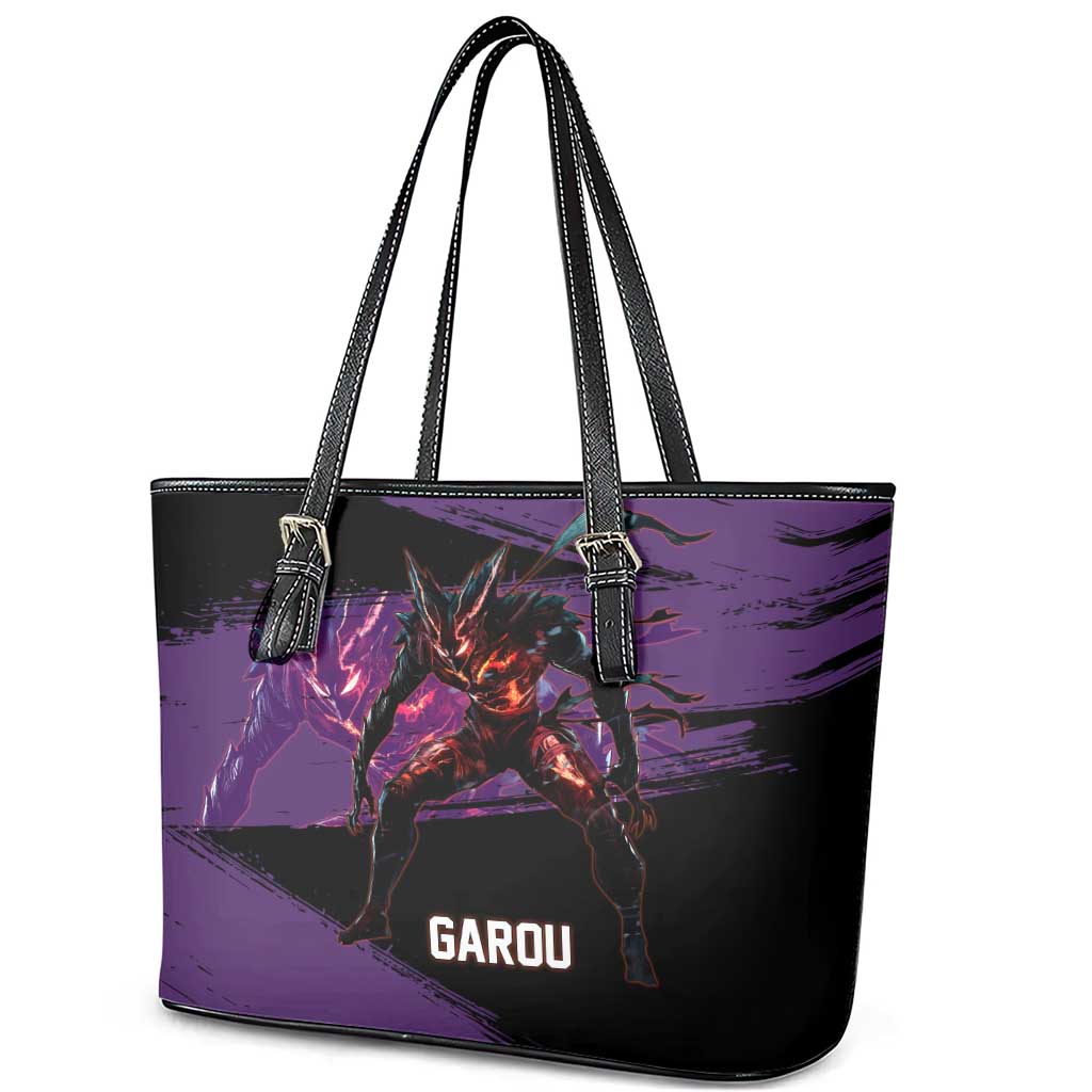 Garou One Punch Man Anime Purple and Black Theme Leather Tote Bag with Hero and Monster Forms in Dynamic Battle Pose - The Mazicc