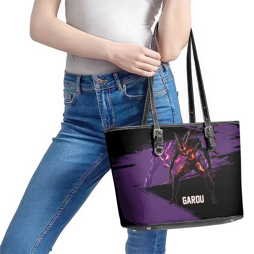 Garou One Punch Man Anime Purple and Black Theme Leather Tote Bag with Hero and Monster Forms in Dynamic Battle Pose - The Mazicc