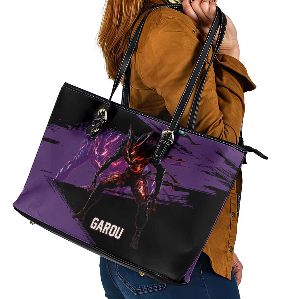 Garou One Punch Man Anime Purple and Black Theme Leather Tote Bag with Hero and Monster Forms in Dynamic Battle Pose - The Mazicc