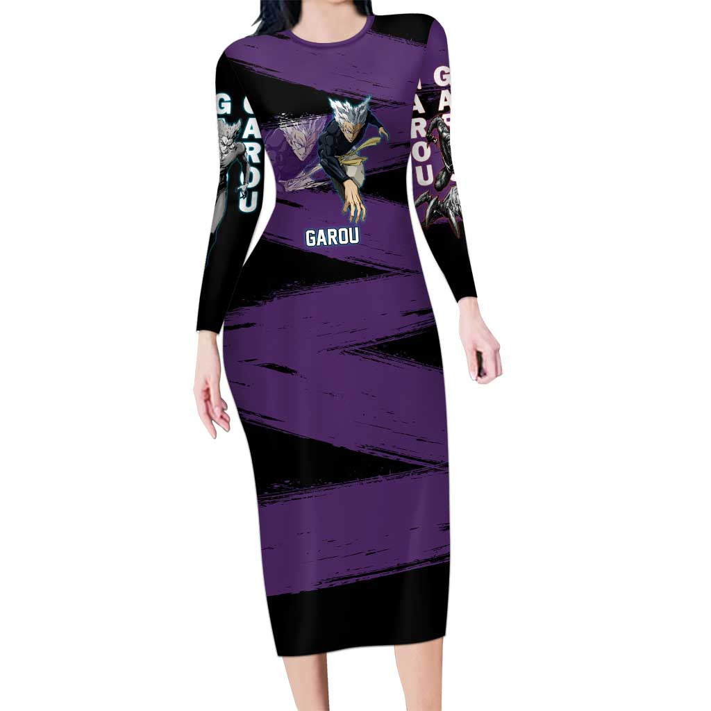 Garou One Punch Man Anime Purple and Black Theme Long Sleeve Bodycon Dress with Hero and Monster Forms in Dynamic Battle Pose - The Mazicc