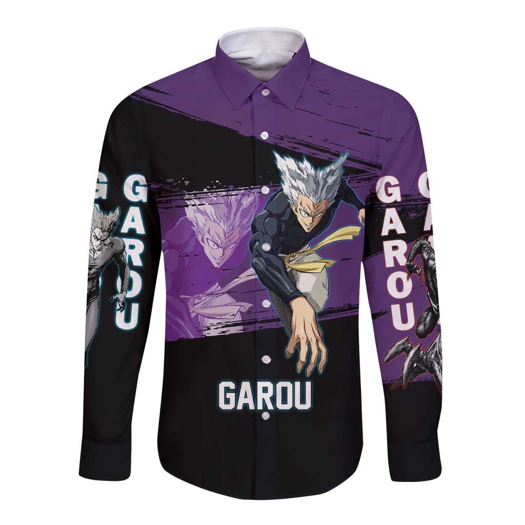 Garou One Punch Man Anime Purple and Black Theme Long Sleeve Button Shirt with Hero and Monster Forms in Dynamic Battle Pose - The Mazicc