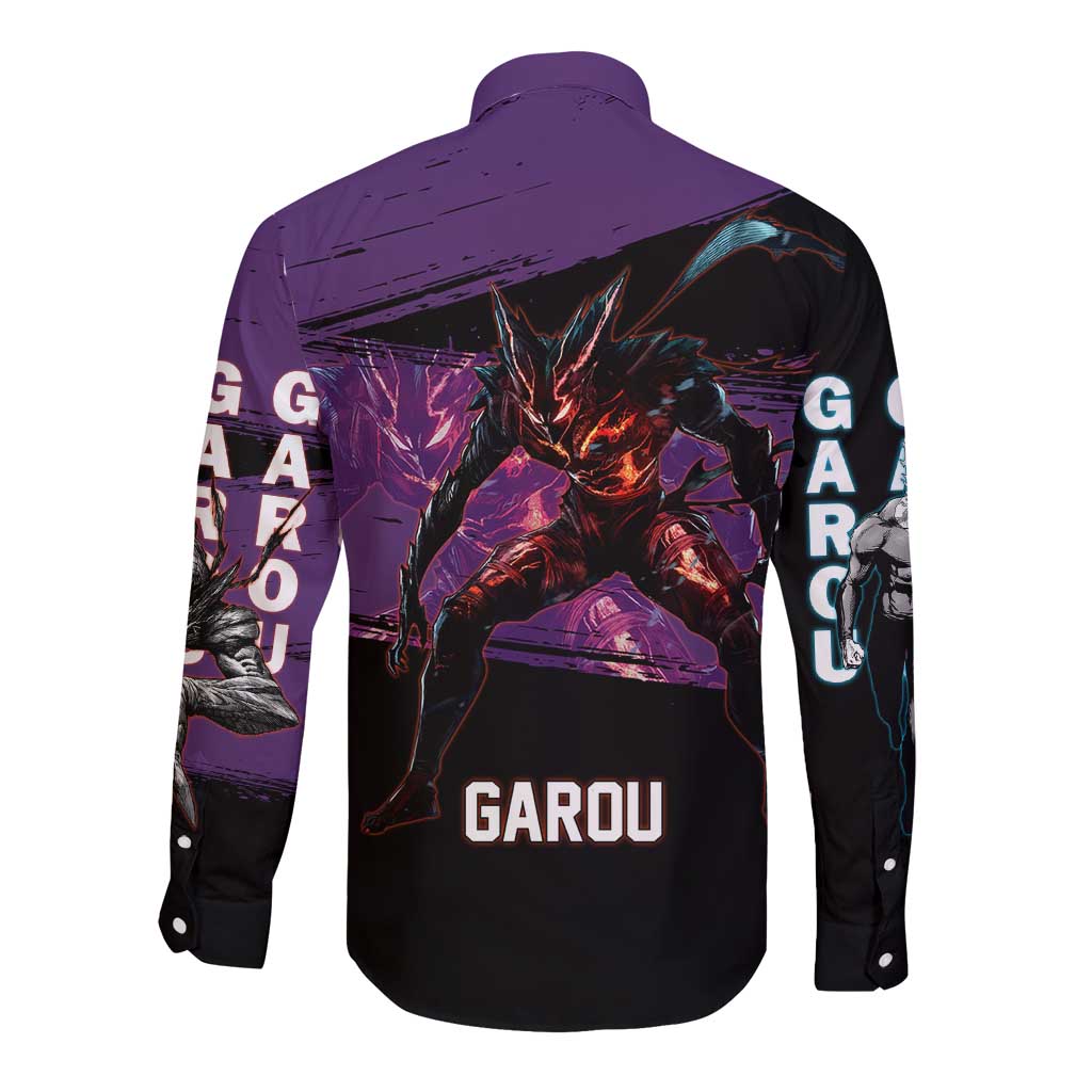 Garou One Punch Man Anime Purple and Black Theme Long Sleeve Button Shirt with Hero and Monster Forms in Dynamic Battle Pose - The Mazicc