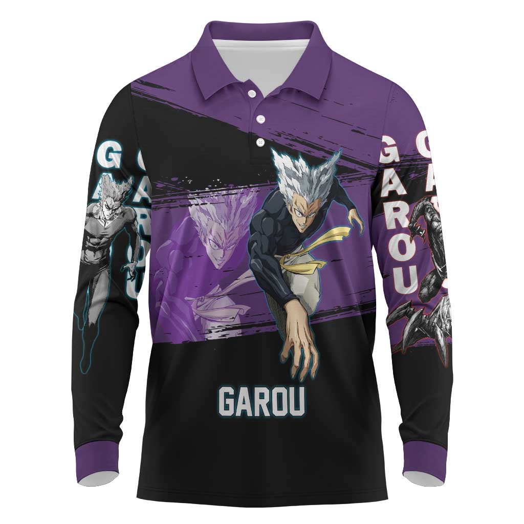 Garou One Punch Man Anime Purple and Black Theme Long Sleeve Polo Shirt with Hero and Monster Forms in Dynamic Battle Pose - The Mazicc