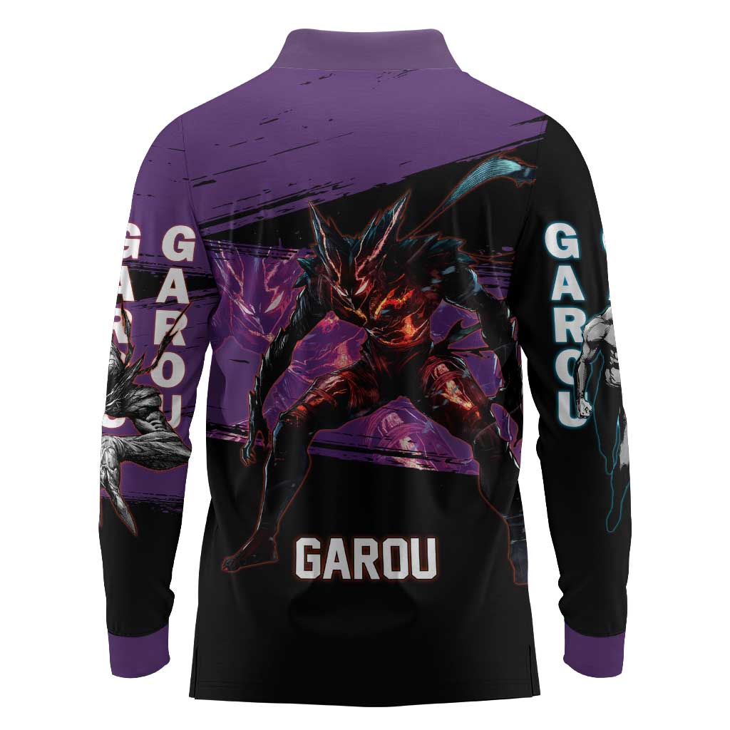 Garou One Punch Man Anime Purple and Black Theme Long Sleeve Polo Shirt with Hero and Monster Forms in Dynamic Battle Pose - The Mazicc