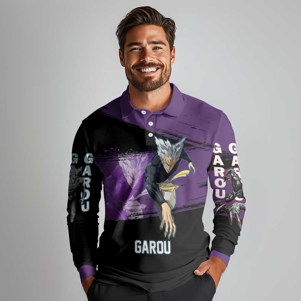 Garou One Punch Man Anime Purple and Black Theme Long Sleeve Polo Shirt with Hero and Monster Forms in Dynamic Battle Pose - The Mazicc