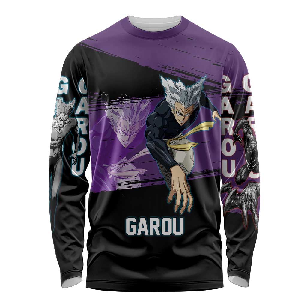 Garou One Punch Man Anime Purple and Black Theme Long Sleeve Shirt with Hero and Monster Forms in Dynamic Battle Pose - The Mazicc