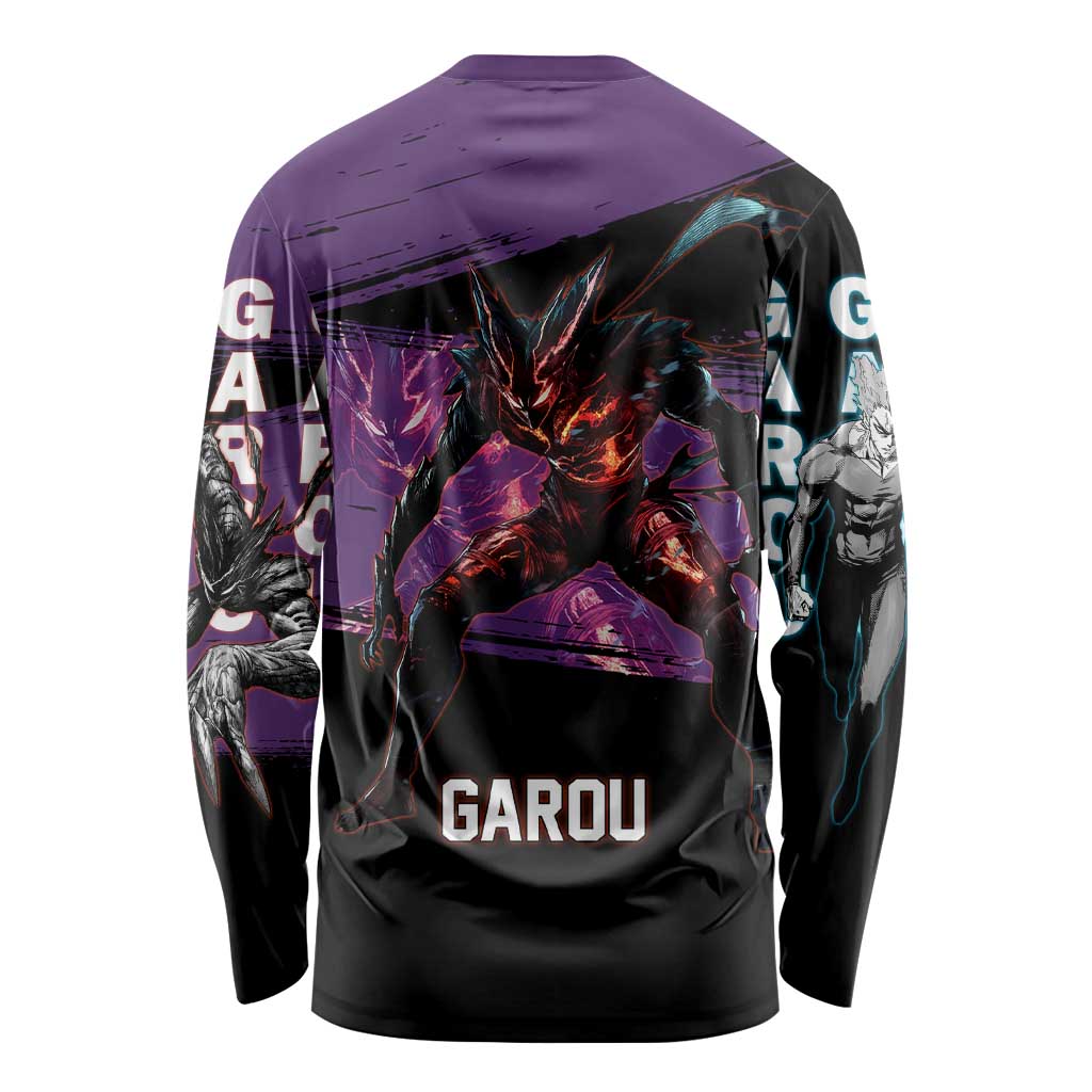 Garou One Punch Man Anime Purple and Black Theme Long Sleeve Shirt with Hero and Monster Forms in Dynamic Battle Pose - The Mazicc