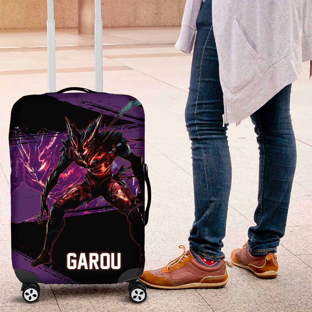 Garou One Punch Man Anime Purple and Black Theme Luggage Cover with Hero and Monster Forms in Dynamic Battle Pose - The Mazicc