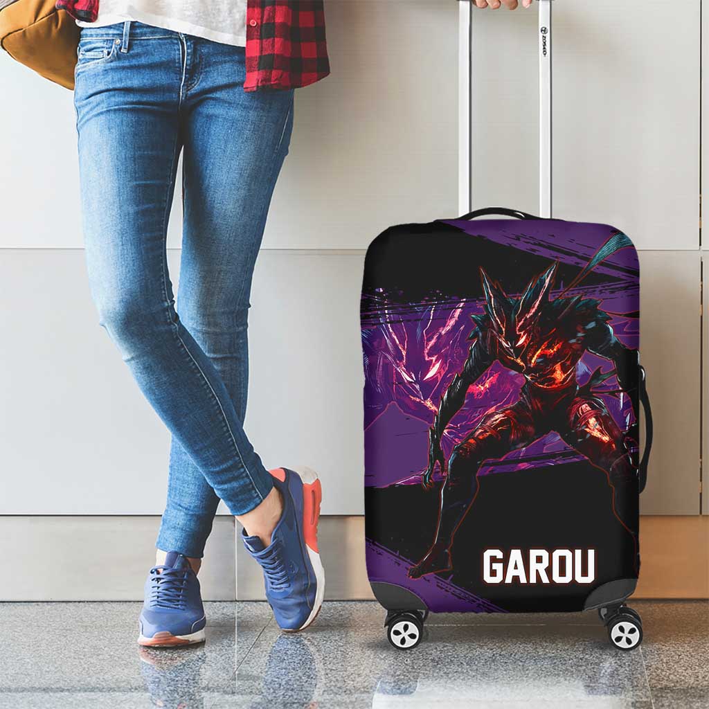 Garou One Punch Man Anime Purple and Black Theme Luggage Cover with Hero and Monster Forms in Dynamic Battle Pose - The Mazicc
