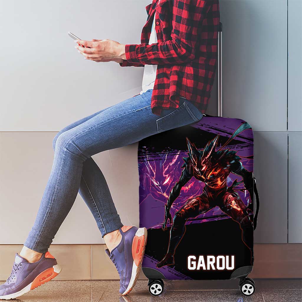 Garou One Punch Man Anime Purple and Black Theme Luggage Cover with Hero and Monster Forms in Dynamic Battle Pose - The Mazicc