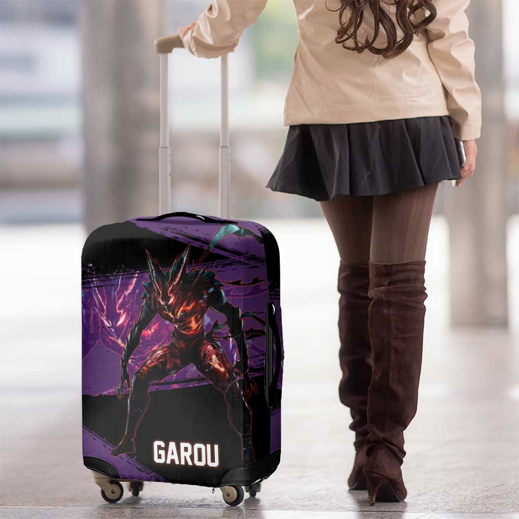 Garou One Punch Man Anime Purple and Black Theme Luggage Cover with Hero and Monster Forms in Dynamic Battle Pose - The Mazicc