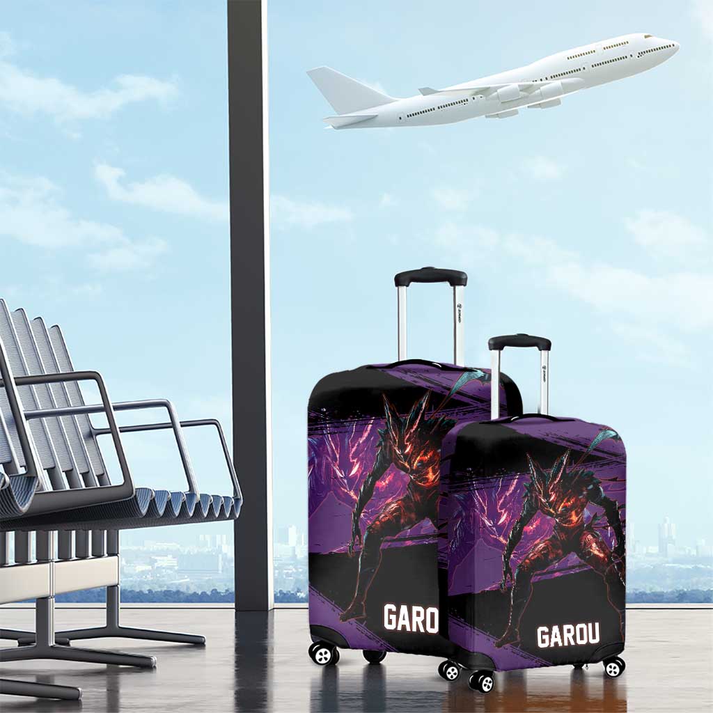 Garou One Punch Man Anime Purple and Black Theme Luggage Cover with Hero and Monster Forms in Dynamic Battle Pose - The Mazicc