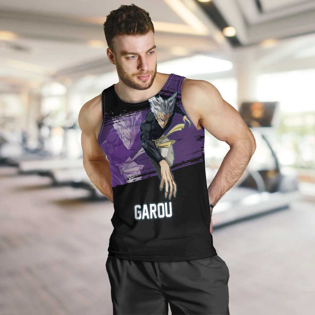 Garou One Punch Man Anime Purple and Black Theme Men Tank Top with Hero and Monster Forms in Dynamic Battle Pose - The Mazicc