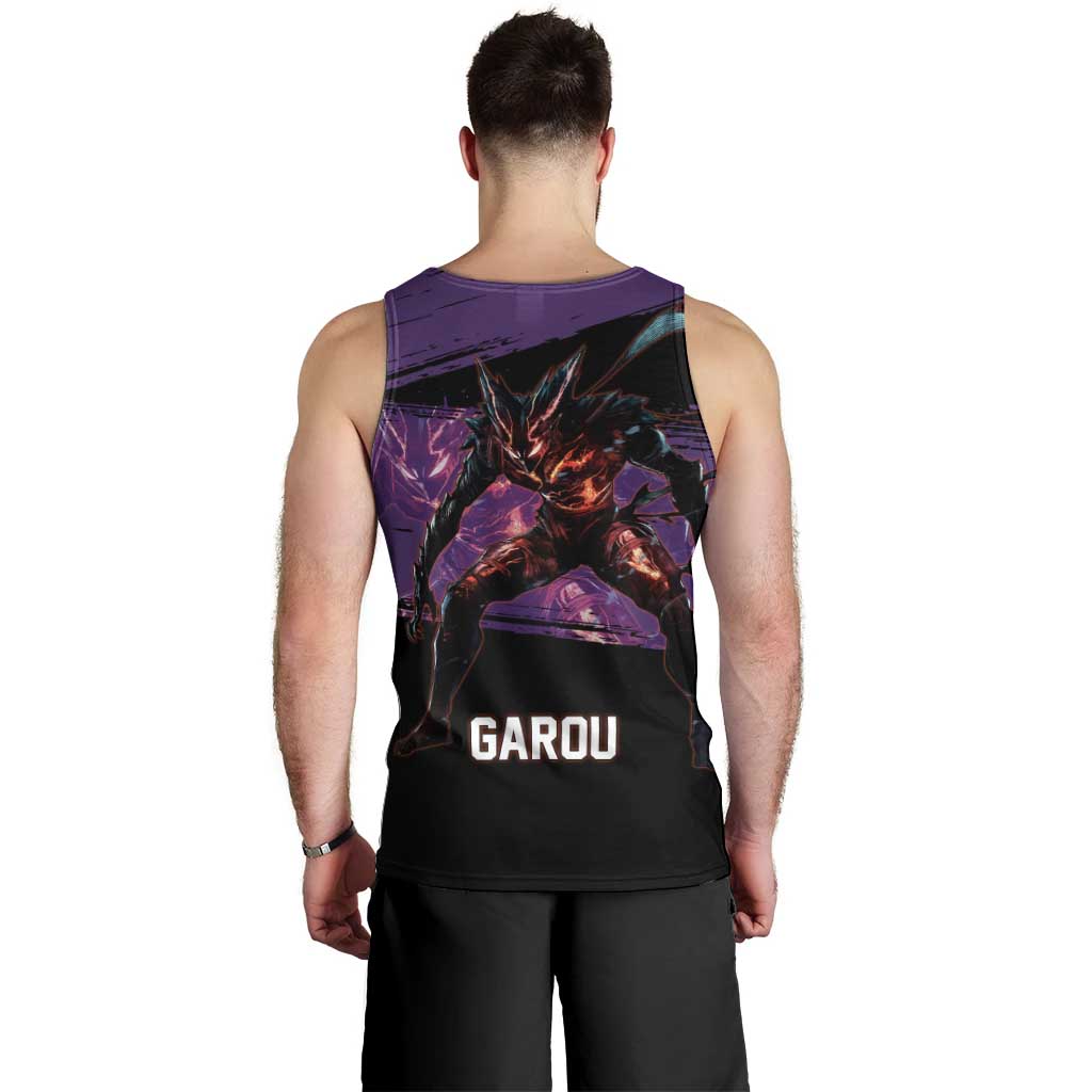 Garou One Punch Man Anime Purple and Black Theme Men Tank Top with Hero and Monster Forms in Dynamic Battle Pose - The Mazicc