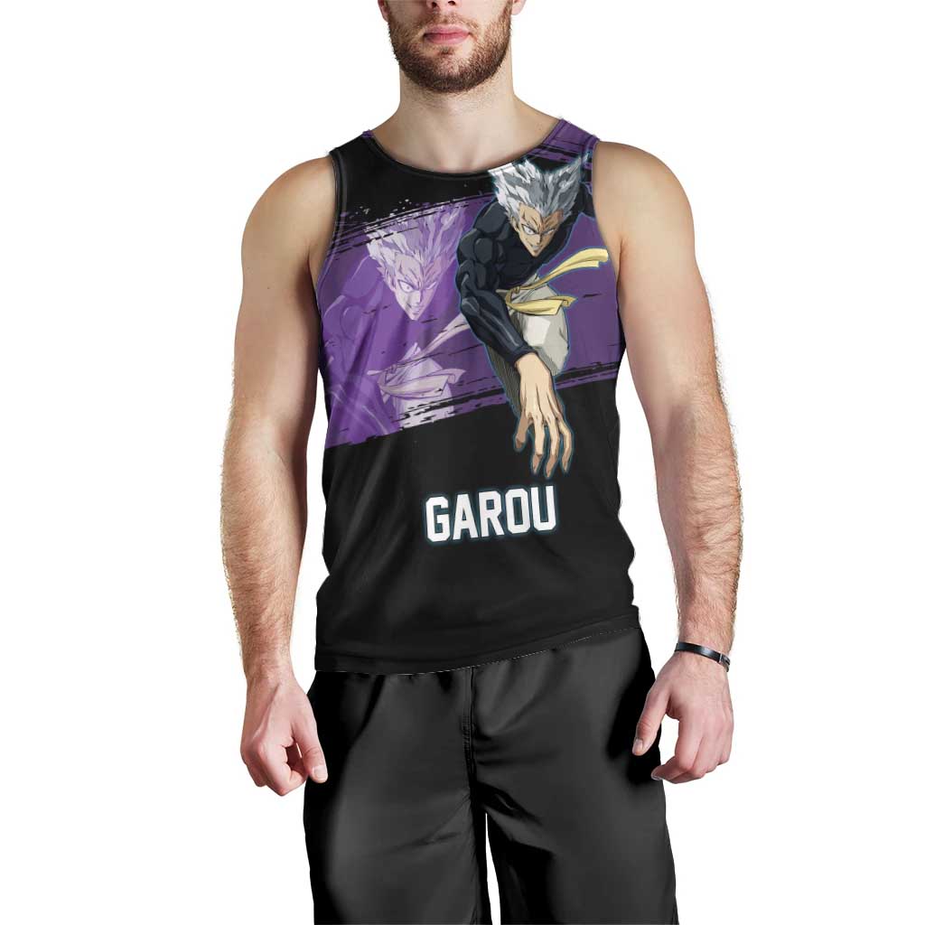 Garou One Punch Man Anime Purple and Black Theme Men Tank Top with Hero and Monster Forms in Dynamic Battle Pose - The Mazicc