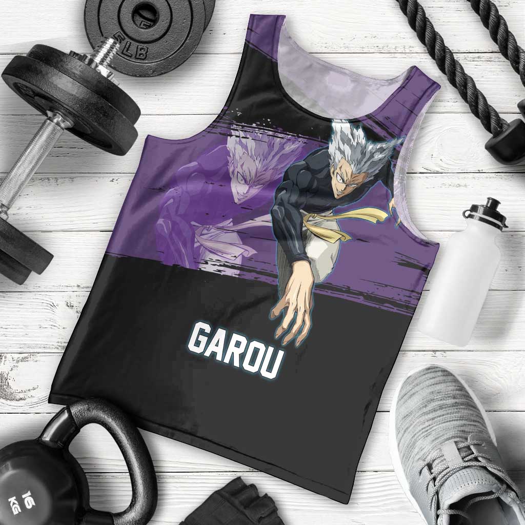 Garou One Punch Man Anime Purple and Black Theme Men Tank Top with Hero and Monster Forms in Dynamic Battle Pose - The Mazicc