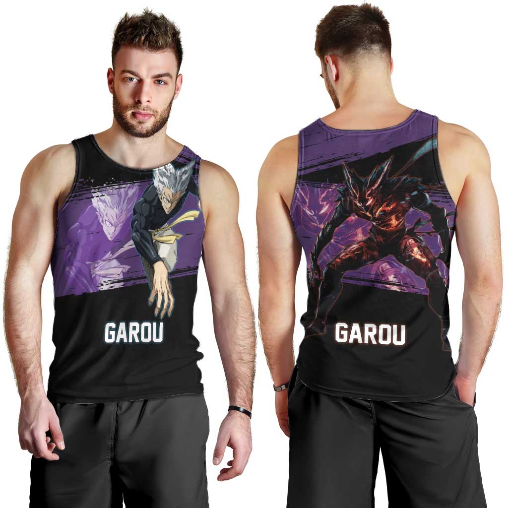 Garou One Punch Man Anime Purple and Black Theme Men Tank Top with Hero and Monster Forms in Dynamic Battle Pose - The Mazicc