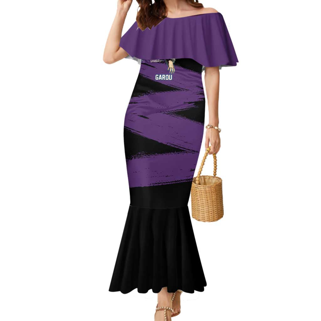 Garou One Punch Man Anime Purple and Black Theme Mermaid Dress with Hero and Monster Forms in Dynamic Battle Pose - The Mazicc