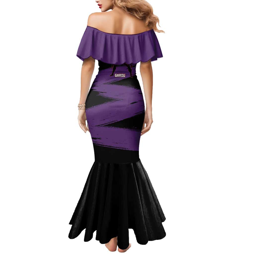 Garou One Punch Man Anime Purple and Black Theme Mermaid Dress with Hero and Monster Forms in Dynamic Battle Pose - The Mazicc