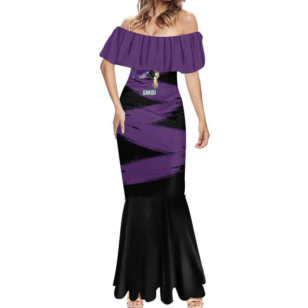 Garou One Punch Man Anime Purple and Black Theme Mermaid Dress with Hero and Monster Forms in Dynamic Battle Pose - The Mazicc