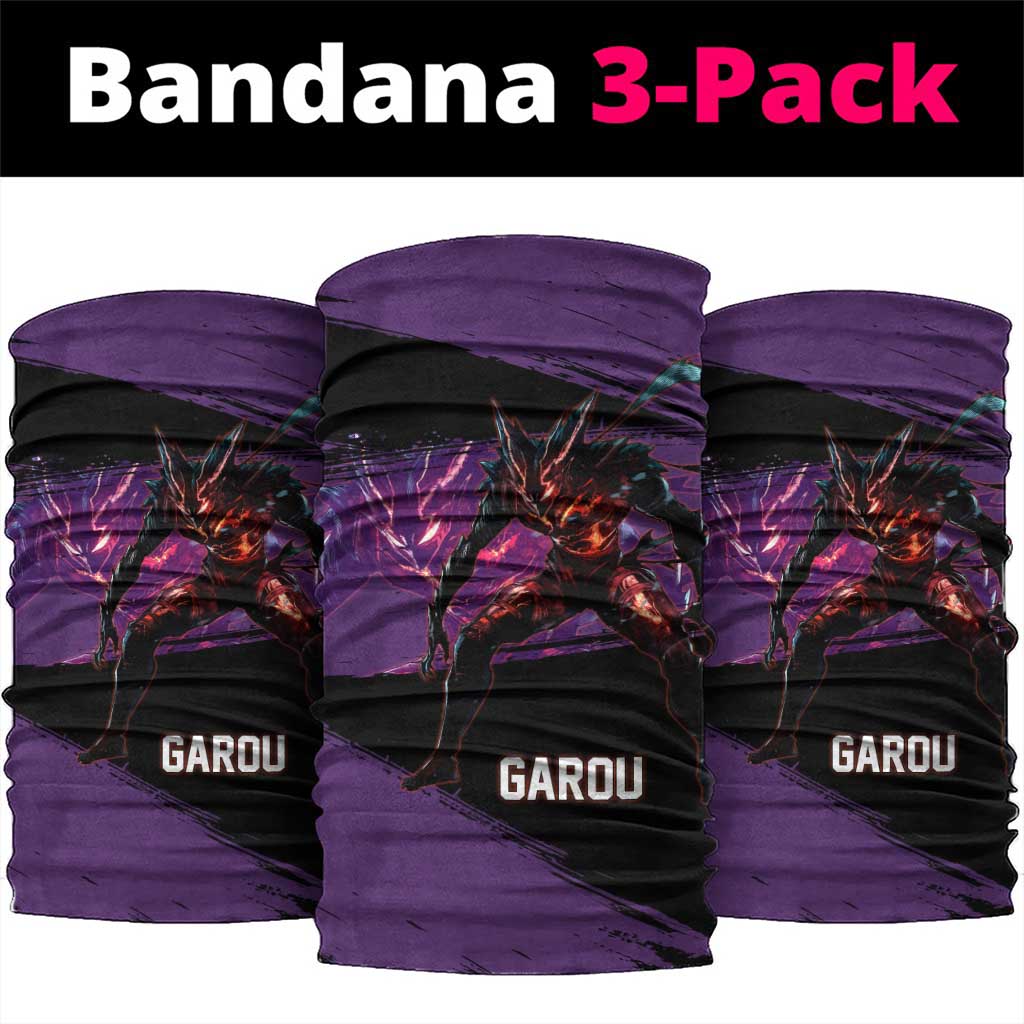 Garou One Punch Man Anime Purple and Black Theme Neck Gaiter with Hero and Monster Forms in Dynamic Battle Pose - The Mazicc