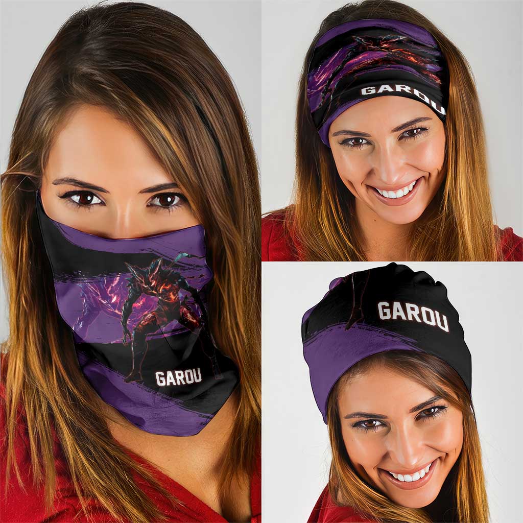 Garou One Punch Man Anime Purple and Black Theme Neck Gaiter with Hero and Monster Forms in Dynamic Battle Pose - The Mazicc