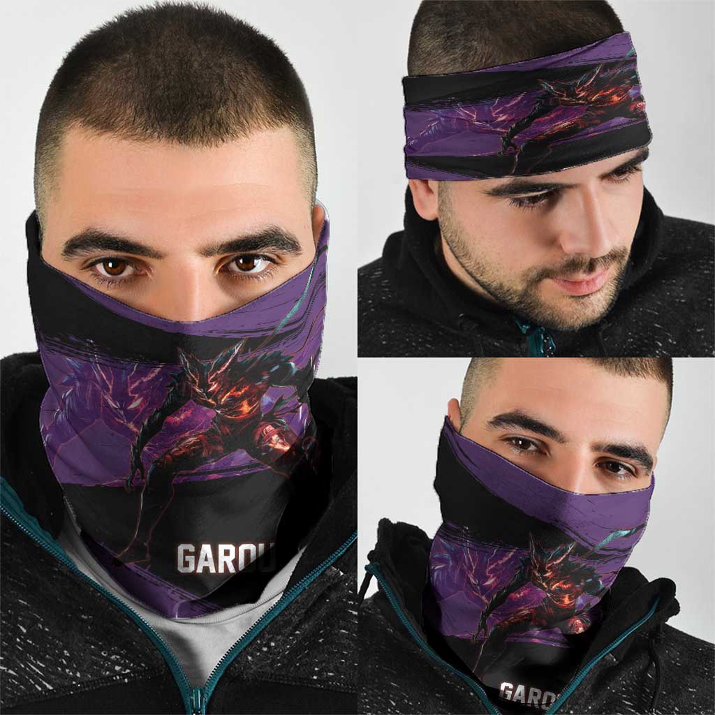 Garou One Punch Man Anime Purple and Black Theme Neck Gaiter with Hero and Monster Forms in Dynamic Battle Pose - The Mazicc