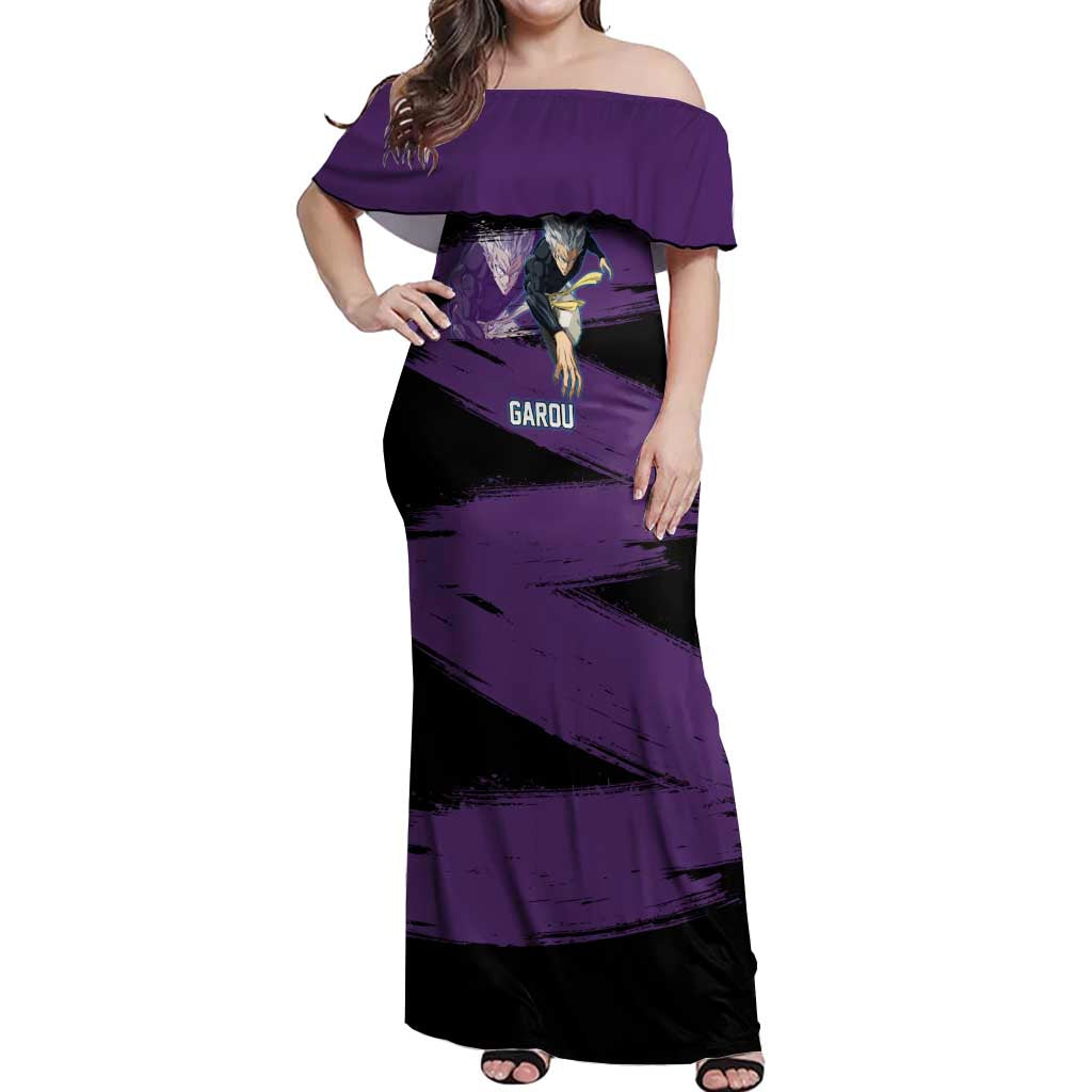 Garou One Punch Man Anime Purple and Black Theme Off Shoulder Maxi Dress with Hero and Monster Forms in Dynamic Battle Pose - The Mazicc