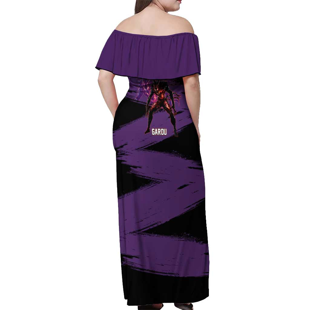 Garou One Punch Man Anime Purple and Black Theme Off Shoulder Maxi Dress with Hero and Monster Forms in Dynamic Battle Pose - The Mazicc