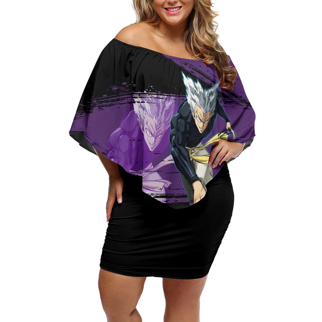 Garou One Punch Man Anime Purple and Black Theme Off Shoulder Short Dress with Hero and Monster Forms in Dynamic Battle Pose - The Mazicc