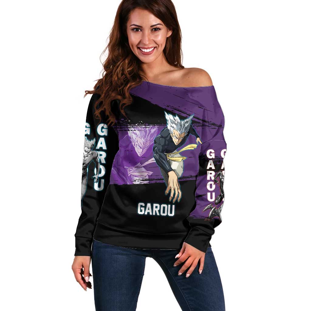 Garou One Punch Man Anime Purple and Black Theme Off Shoulder Sweater with Hero and Monster Forms in Dynamic Battle Pose - The Mazicc