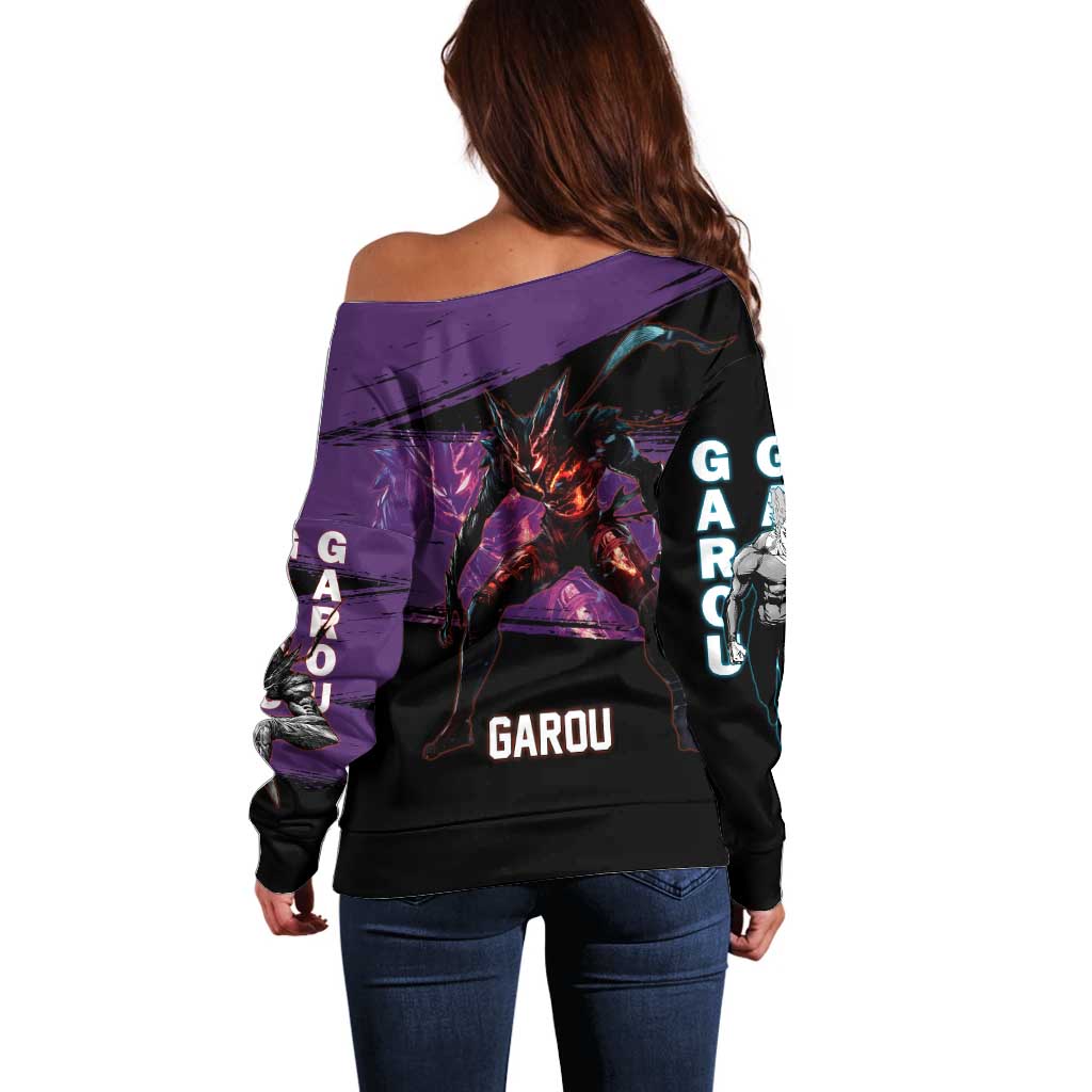 Garou One Punch Man Anime Purple and Black Theme Off Shoulder Sweater with Hero and Monster Forms in Dynamic Battle Pose - The Mazicc