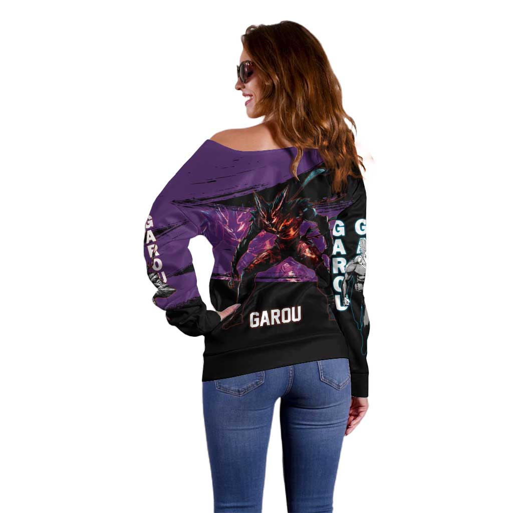 Garou One Punch Man Anime Purple and Black Theme Off Shoulder Sweater with Hero and Monster Forms in Dynamic Battle Pose - The Mazicc