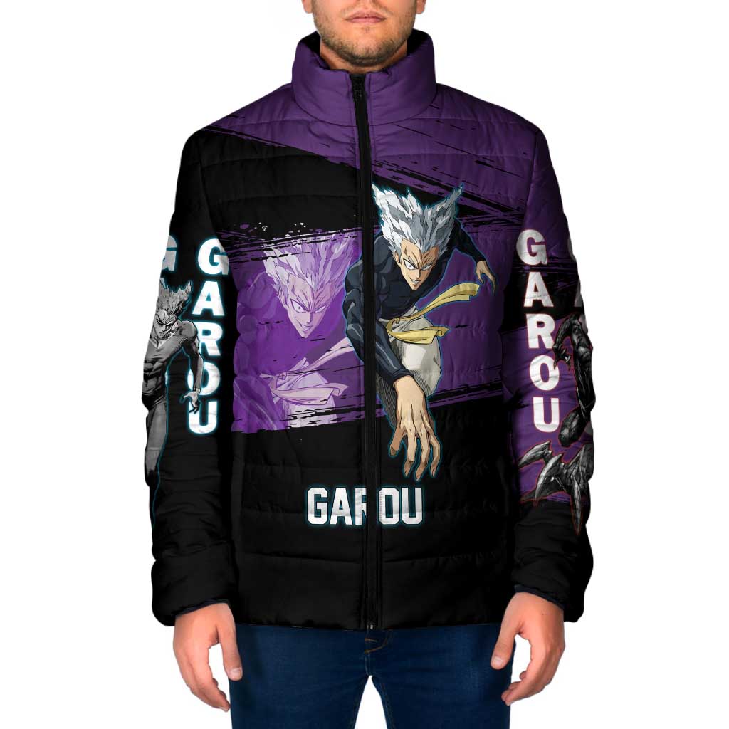 Garou One Punch Man Anime Purple and Black Theme Padded Jacket with Hero and Monster Forms in Dynamic Battle Pose - The Mazicc
