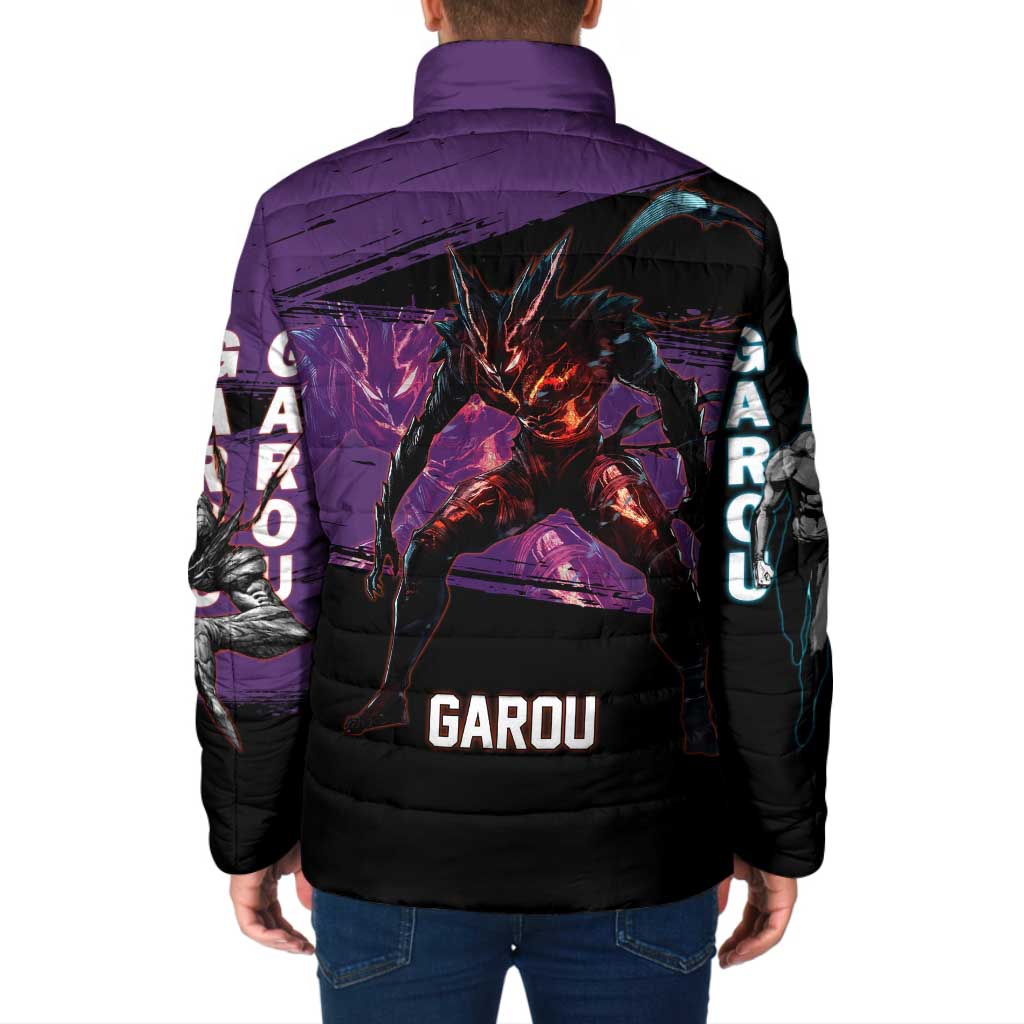 Garou One Punch Man Anime Purple and Black Theme Padded Jacket with Hero and Monster Forms in Dynamic Battle Pose - The Mazicc