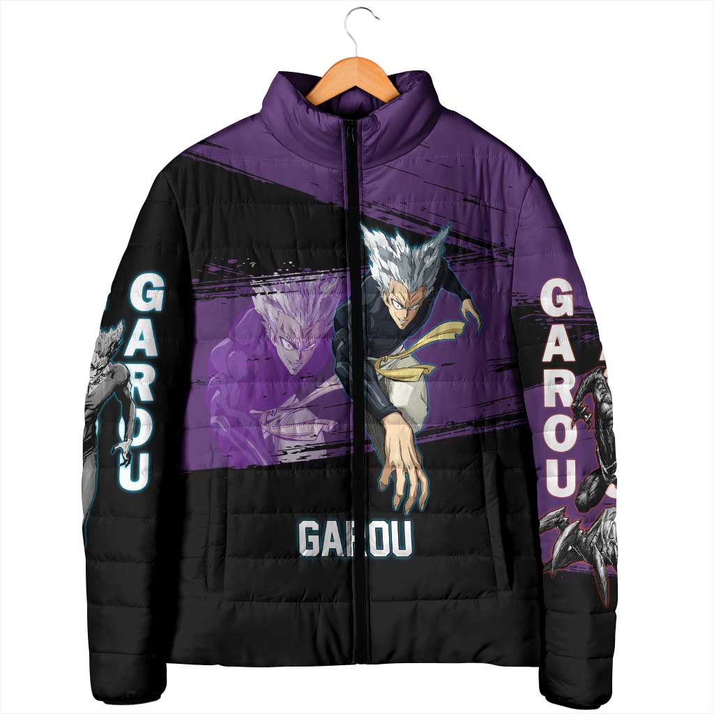 Garou One Punch Man Anime Purple and Black Theme Padded Jacket with Hero and Monster Forms in Dynamic Battle Pose - The Mazicc