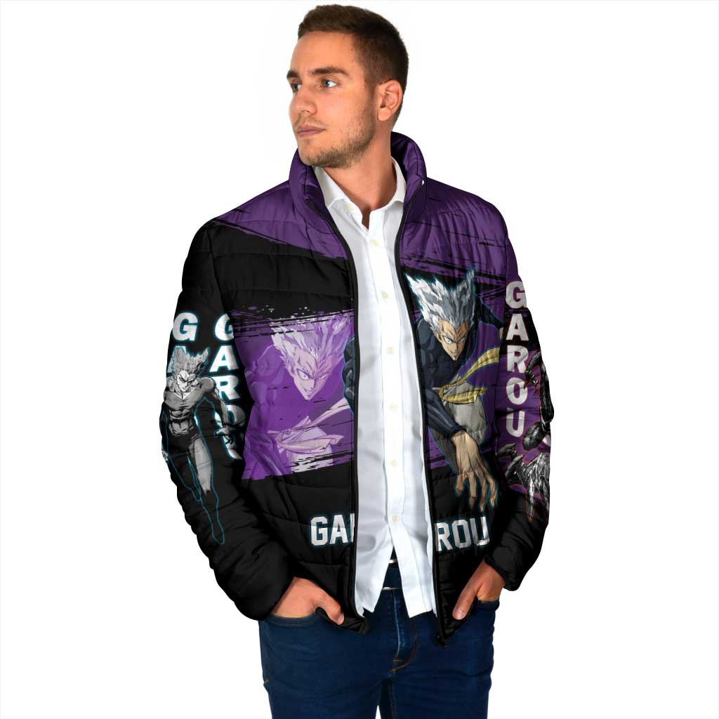 Garou One Punch Man Anime Purple and Black Theme Padded Jacket with Hero and Monster Forms in Dynamic Battle Pose - The Mazicc