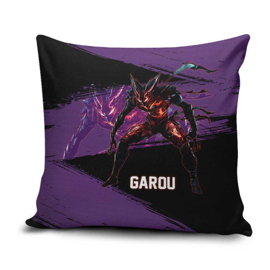 Garou One Punch Man Anime Purple and Black Theme Pillow Cover with Hero and Monster Forms in Dynamic Battle Pose - The Mazicc