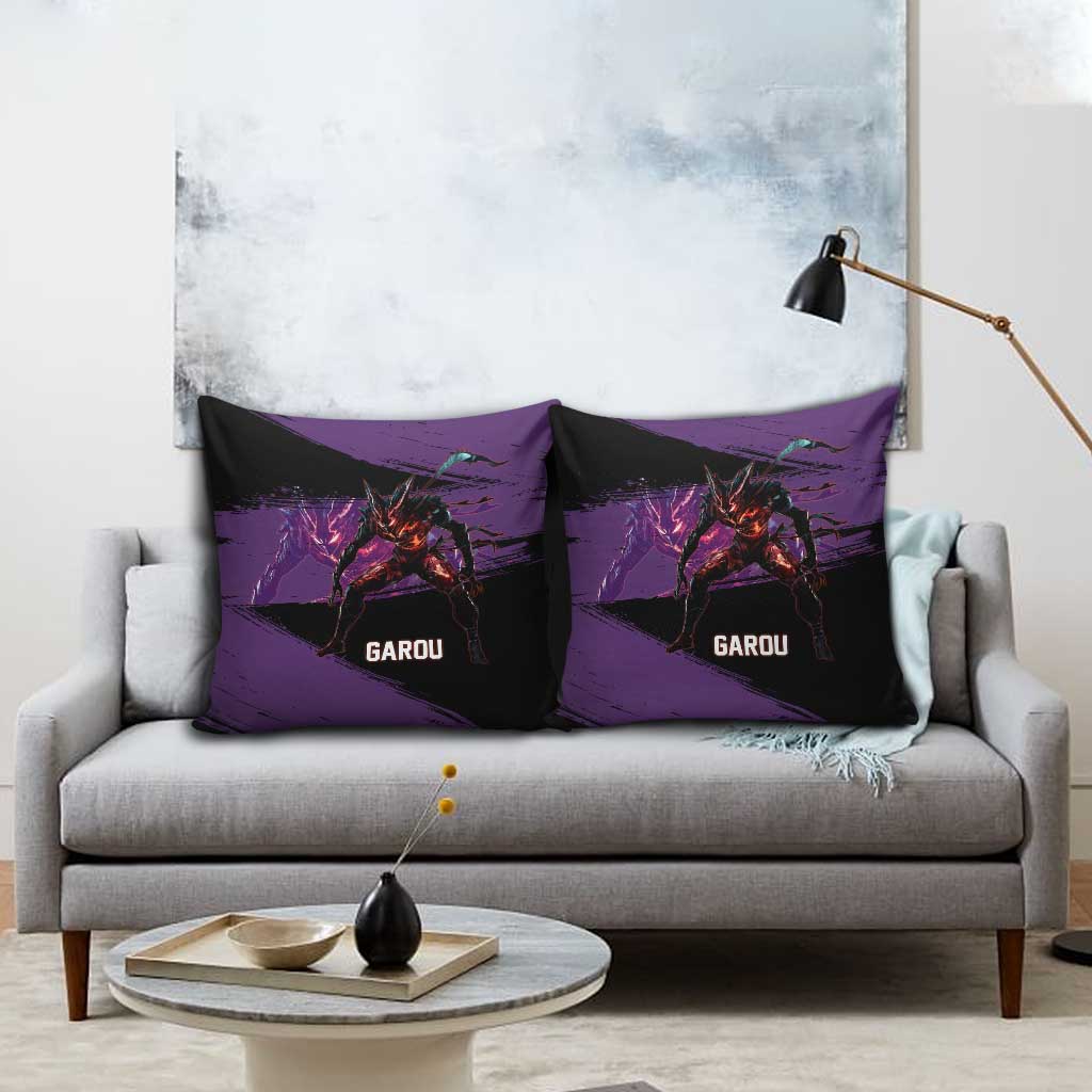 Garou One Punch Man Anime Purple and Black Theme Pillow Cover with Hero and Monster Forms in Dynamic Battle Pose - The Mazicc