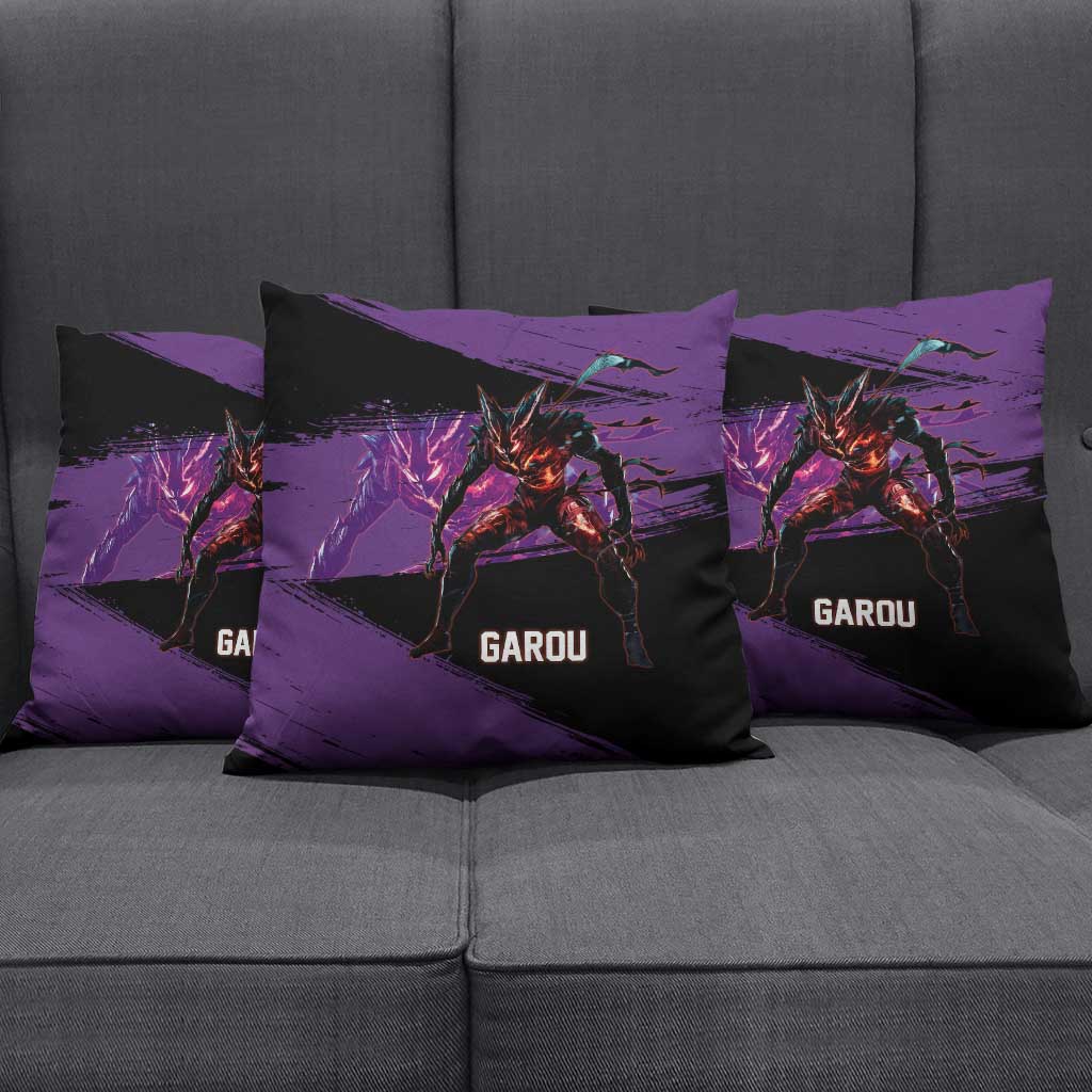 Garou One Punch Man Anime Purple and Black Theme Pillow Cover with Hero and Monster Forms in Dynamic Battle Pose - The Mazicc