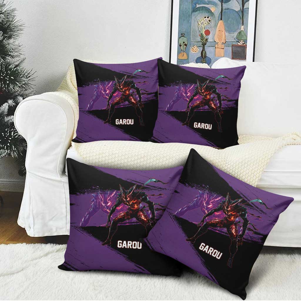 Garou One Punch Man Anime Purple and Black Theme Pillow Cover with Hero and Monster Forms in Dynamic Battle Pose - The Mazicc