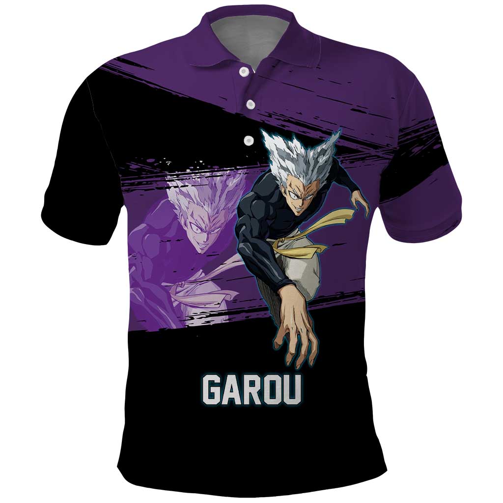 Garou One Punch Man Anime Purple and Black Theme Polo Shirt with Hero and Monster Forms in Dynamic Battle Pose - The Mazicc